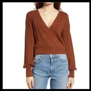 Leith Women's Wide Rib Sweater SMALL Brown Shell NWT V-Neck Surplice Faux Wrap